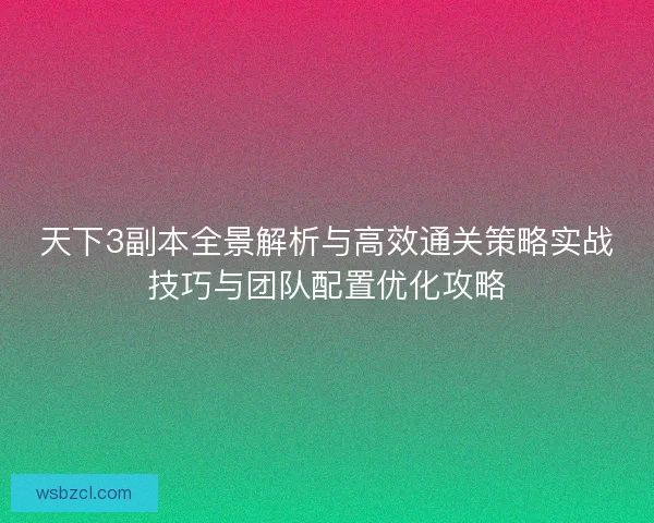天下3副本全景解析与高效通关策略实战技巧与团队配置优化攻略